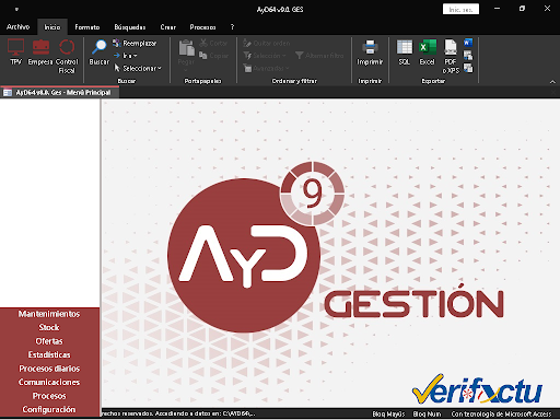 Pantalla del software de gestión AyD Gestión versión 9.0 homologado por la AEAT según la normativa Verifactu