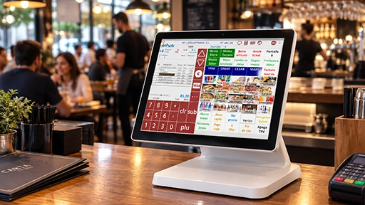 Terminal TPV táctil profesional de 15 pulgadas ejecutando el software de gestión homologado AyD TPV en un restaurante